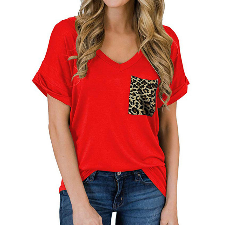 V-Neck Leopard Pocket T-Shirt Rolled Short Sleeves Image 4