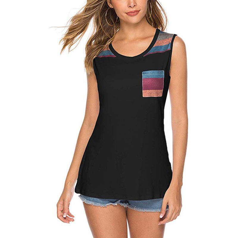 Womens Striped Stitching Casual Sleeveless T-Shirt Image 3