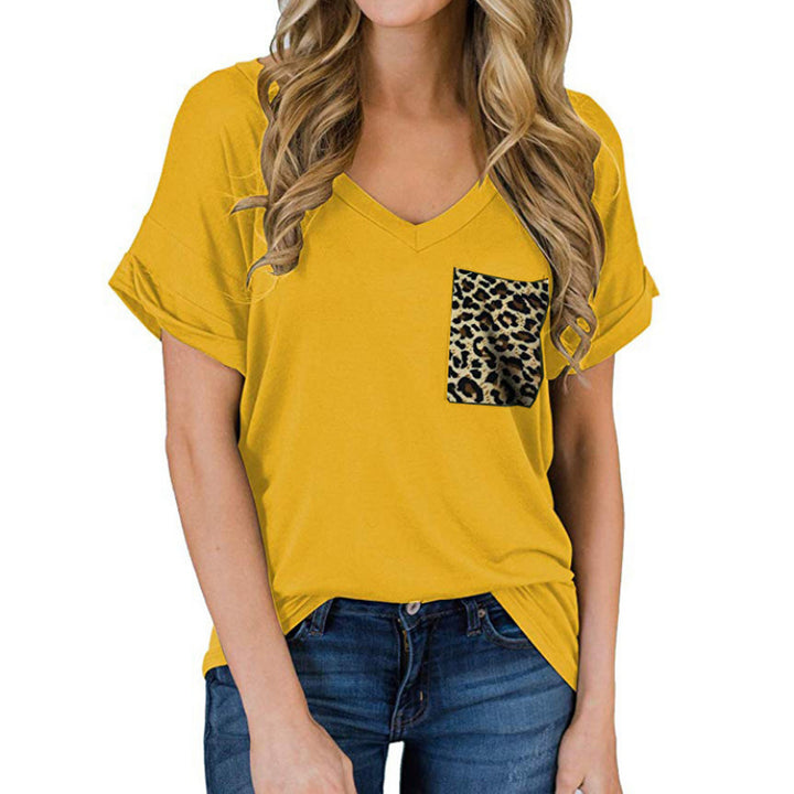 V-Neck Leopard Pocket T-Shirt Rolled Short Sleeves Image 4