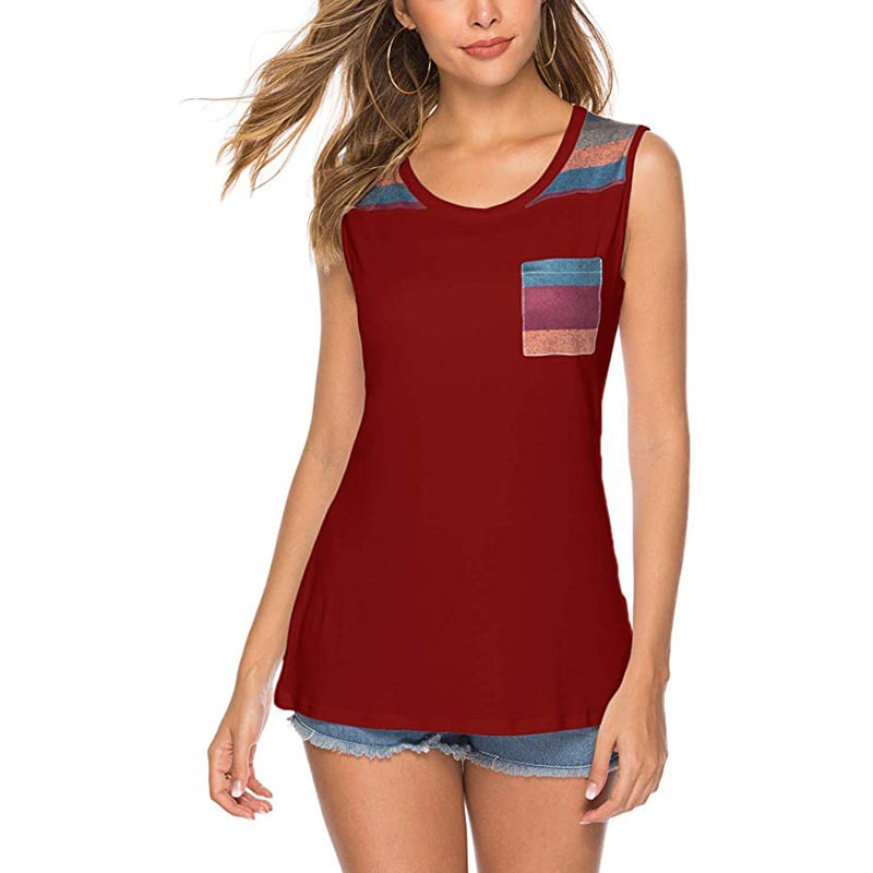 Womens Striped Stitching Casual Sleeveless T-Shirt Image 4