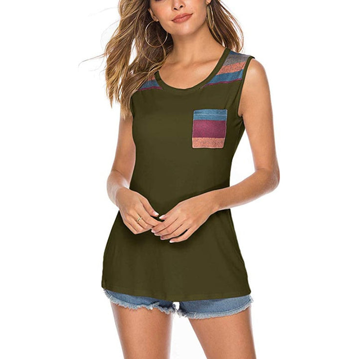 Womens Striped Stitching Casual Sleeveless T-Shirt Image 1