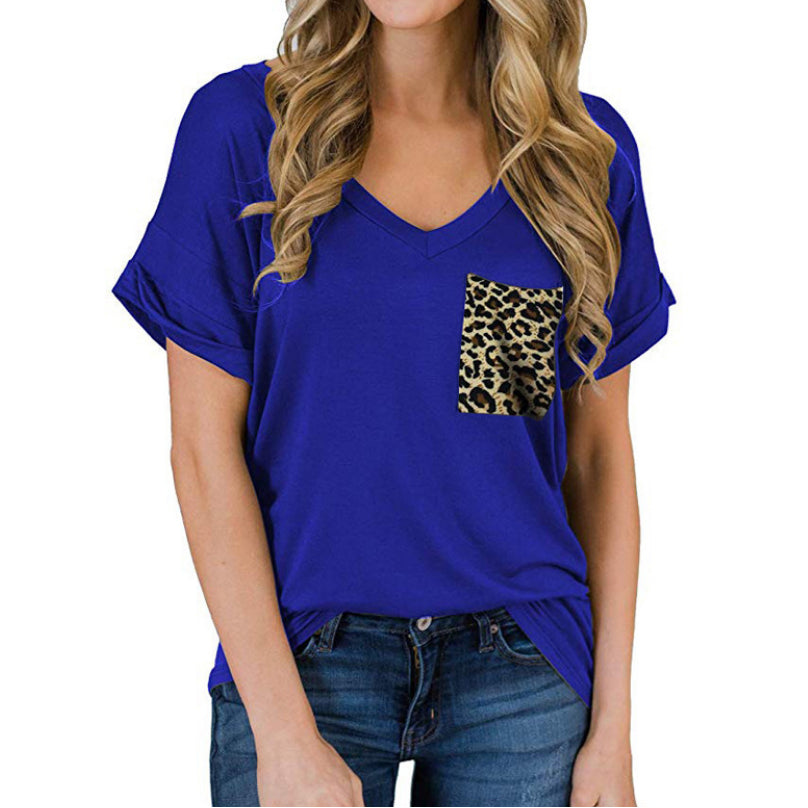 V-Neck Leopard Pocket T-Shirt Rolled Short Sleeves Image 7