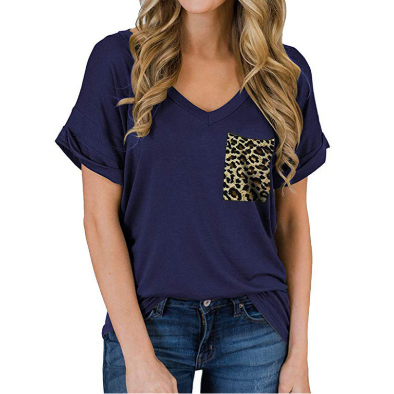 V-Neck Leopard Pocket T-Shirt Rolled Short Sleeves Image 8