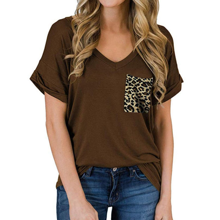 V-Neck Leopard Pocket T-Shirt Rolled Short Sleeves Image 1