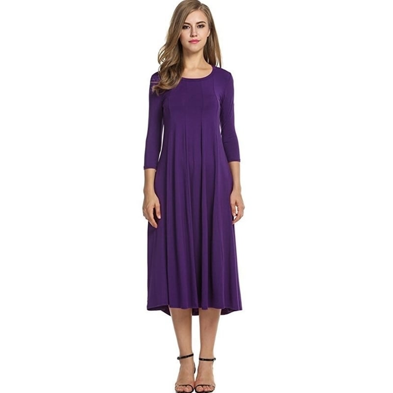 Womens Round Neck Mid-Sleeved Solid Color Dress Image 1