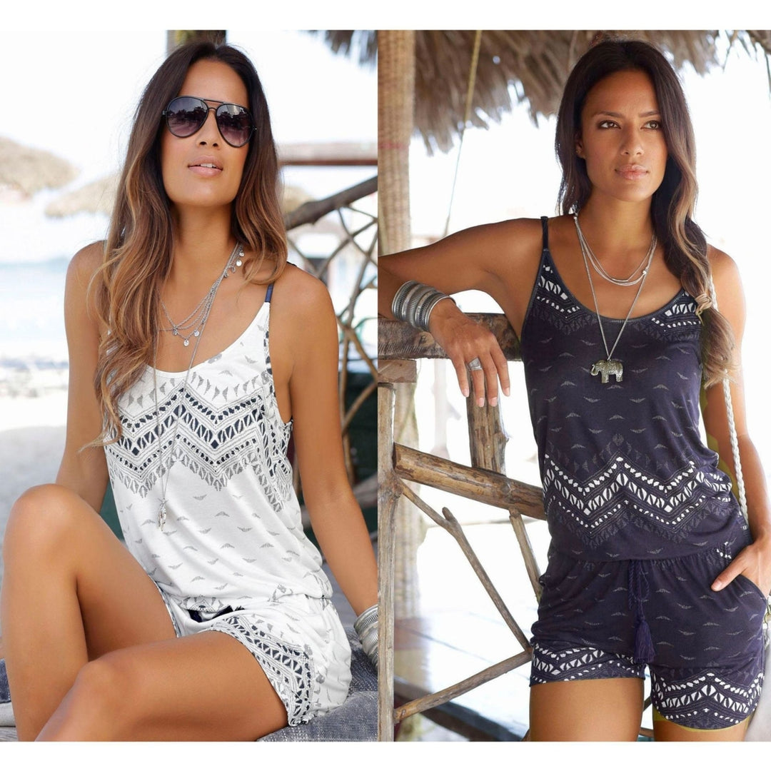 Wave Print Belt Loose Womens Beach Jumpsuit Image 4