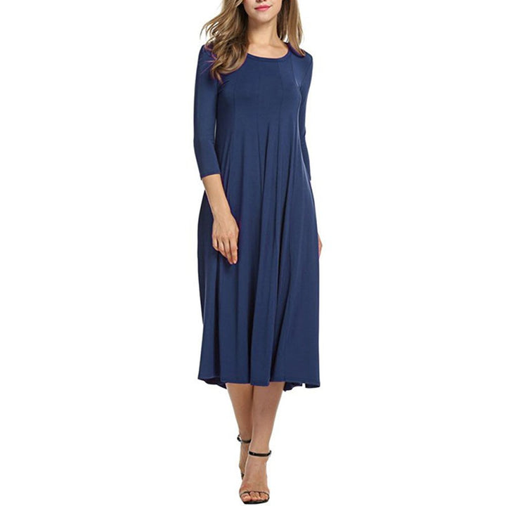 Womens Round Neck Mid-Sleeved Solid Color Dress Image 1