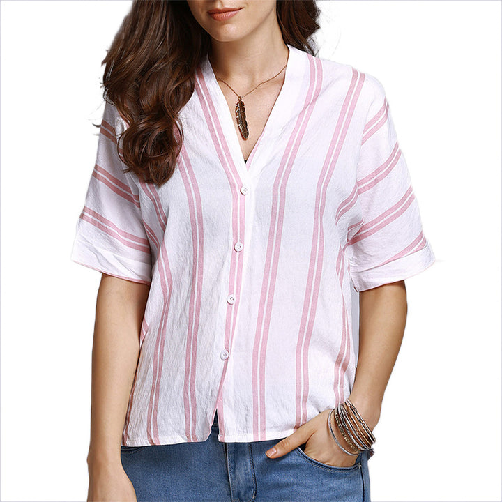 Womens Literary Retro Striped Cotton And Linen Shirt Image 1