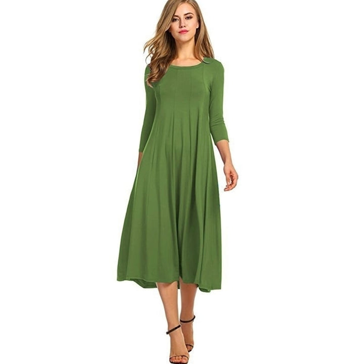 Womens Round Neck Mid-Sleeved Solid Color Dress Image 1