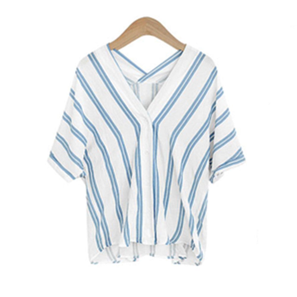 Womens Literary Retro Striped Cotton And Linen Shirt Image 3