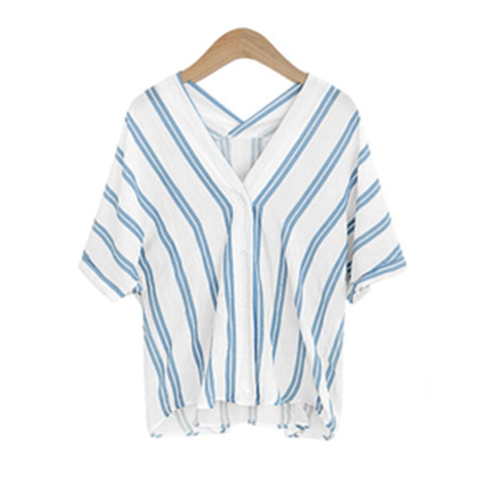 Womens Literary Retro Striped Cotton And Linen Shirt Image 1