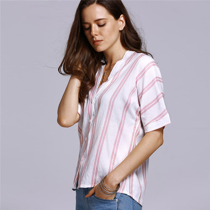 Womens Literary Retro Striped Cotton And Linen Shirt Image 6