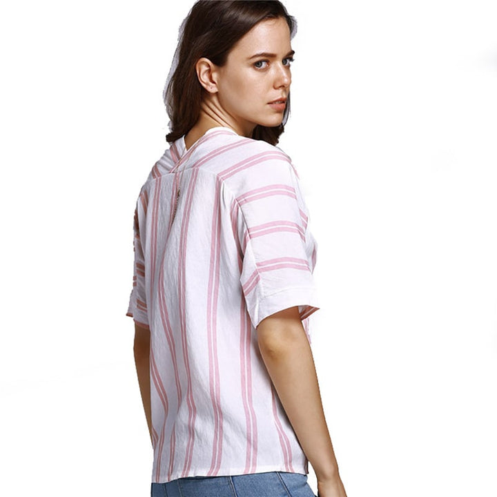 Womens Literary Retro Striped Cotton And Linen Shirt Image 7