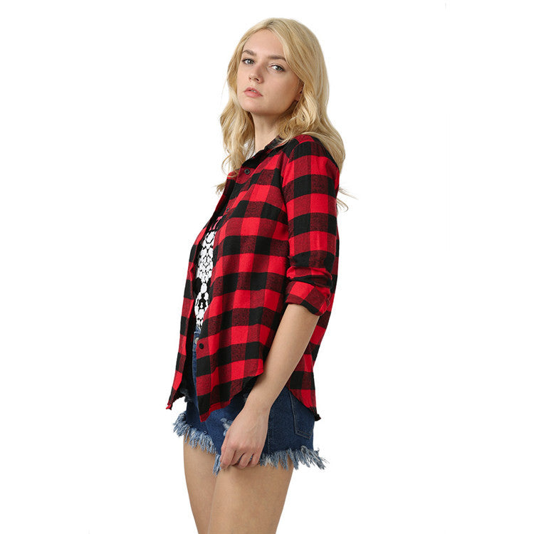 Red Long Sleeve Plaid Shirt Female Wild Image 4