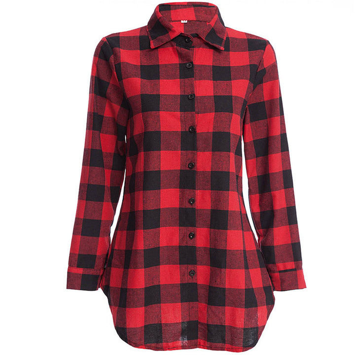 Red Long Sleeve Plaid Shirt Female Wild Image 6