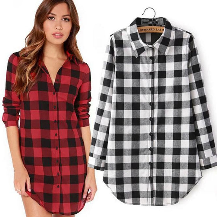 Womens Casual Check Lapel Mid-Length Stitching Shirt Image 1