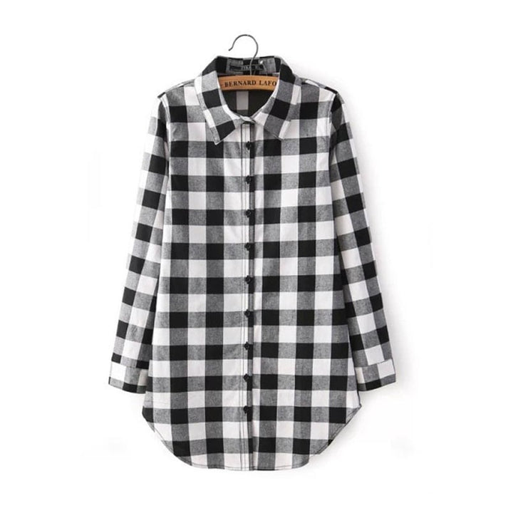 Womens Casual Check Lapel Mid-Length Stitching Shirt Image 4