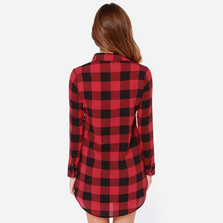 Womens Casual Check Lapel Mid-Length Stitching Shirt Image 6