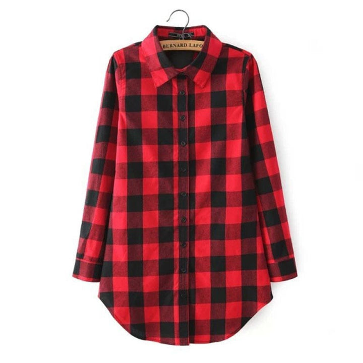 Womens Casual Check Lapel Mid-Length Stitching Shirt Image 7