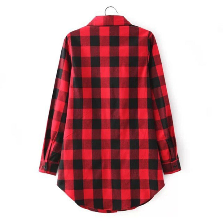 Womens Casual Check Lapel Mid-Length Stitching Shirt Image 8