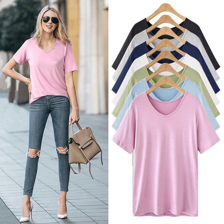 T-Shirt Women Short Sleeve Large Size Loose V-Neck Image 1