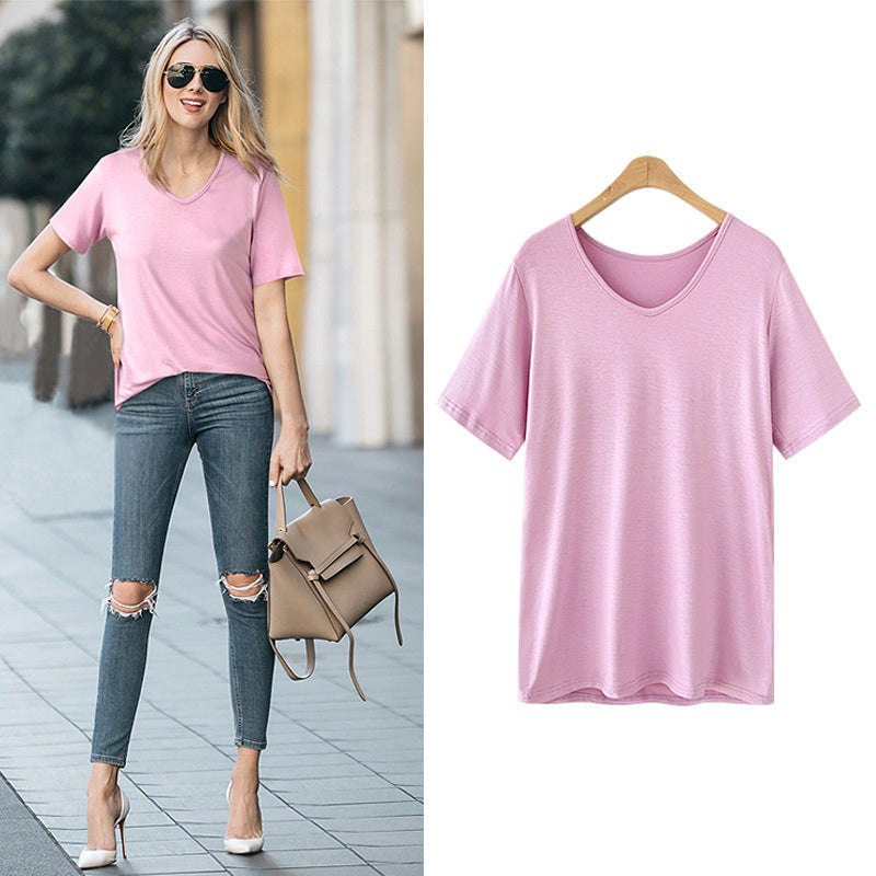 T-Shirt Women Short Sleeve Large Size Loose V-Neck Image 3