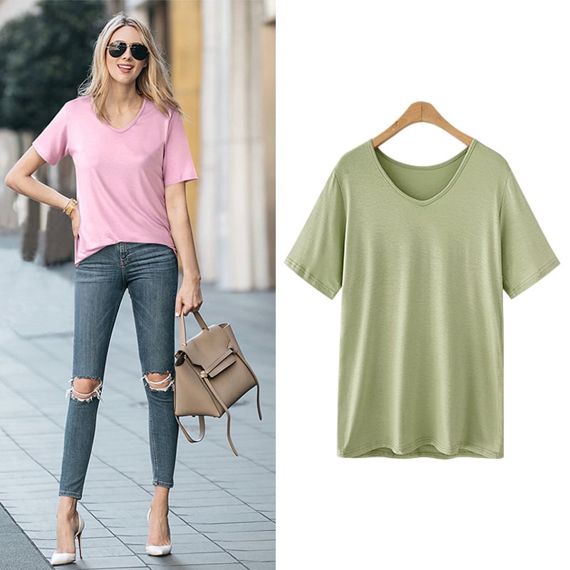 T-Shirt Women Short Sleeve Large Size Loose V-Neck Image 4