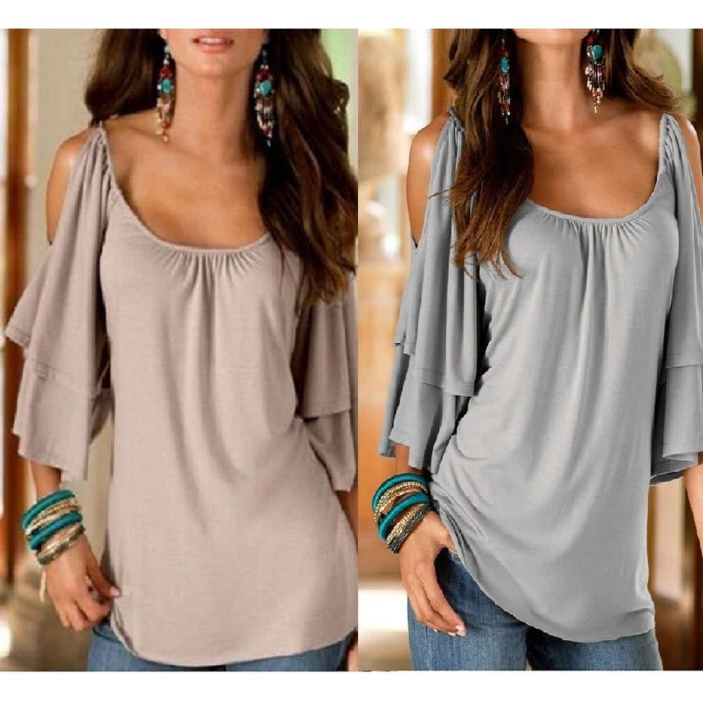 Womens Sexy Off Shoulder Ruffle Sleeve Top T-shirt Image 1