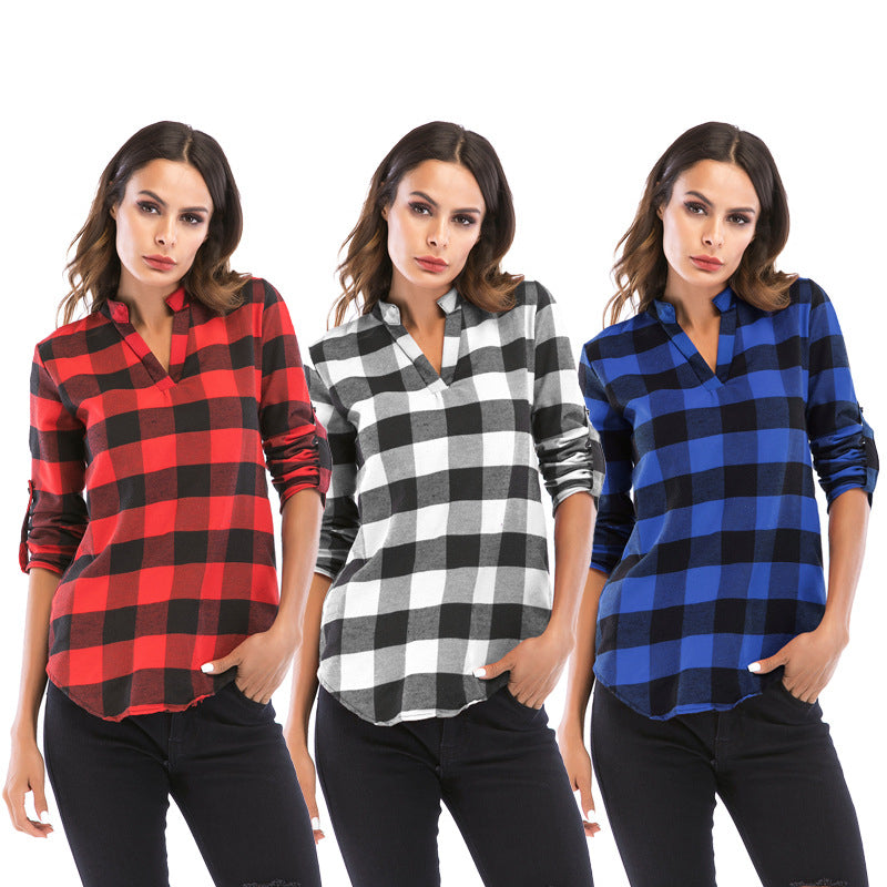 Womens Autumn and Winter Casual Loose Long-sleeved Plaid Shirt Image 1