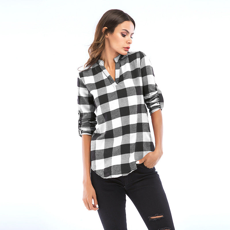 Womens Autumn and Winter Casual Loose Long-sleeved Plaid Shirt Image 3