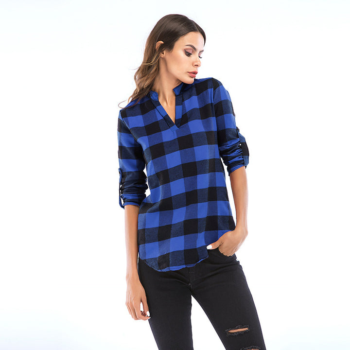 Womens Autumn and Winter Casual Loose Long-sleeved Plaid Shirt Image 4