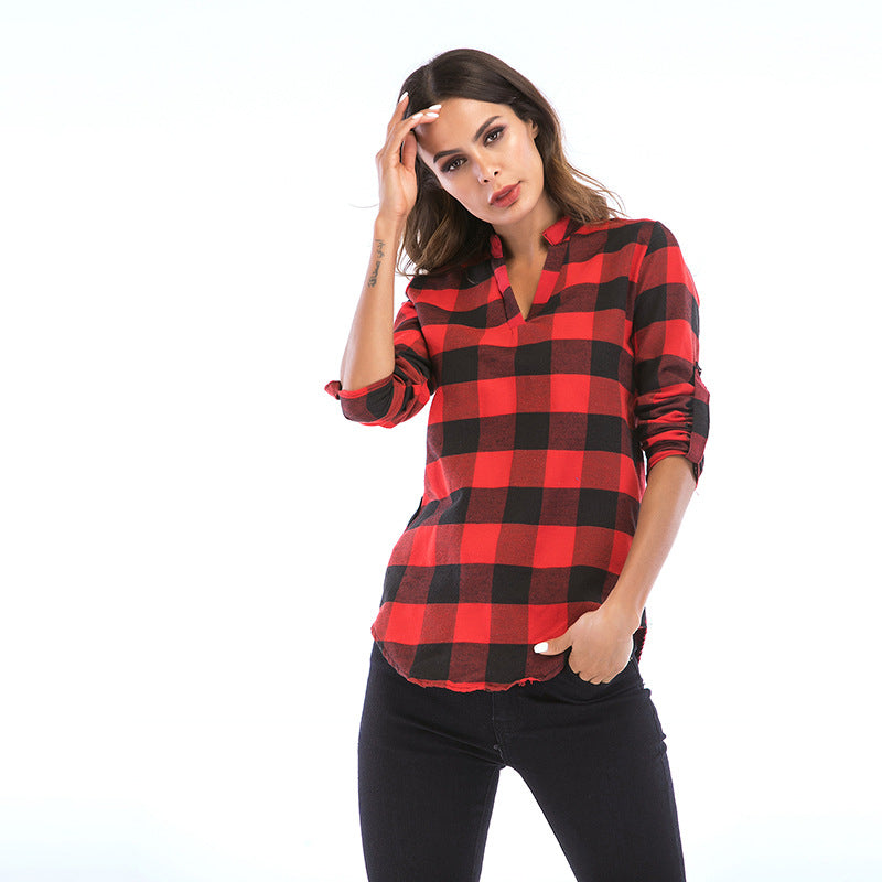 Womens Autumn and Winter Casual Loose Long-sleeved Plaid Shirt Image 6