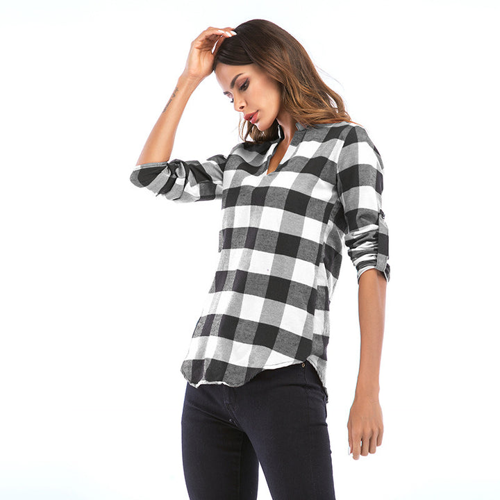 Womens Autumn and Winter Casual Loose Long-sleeved Plaid Shirt Image 7