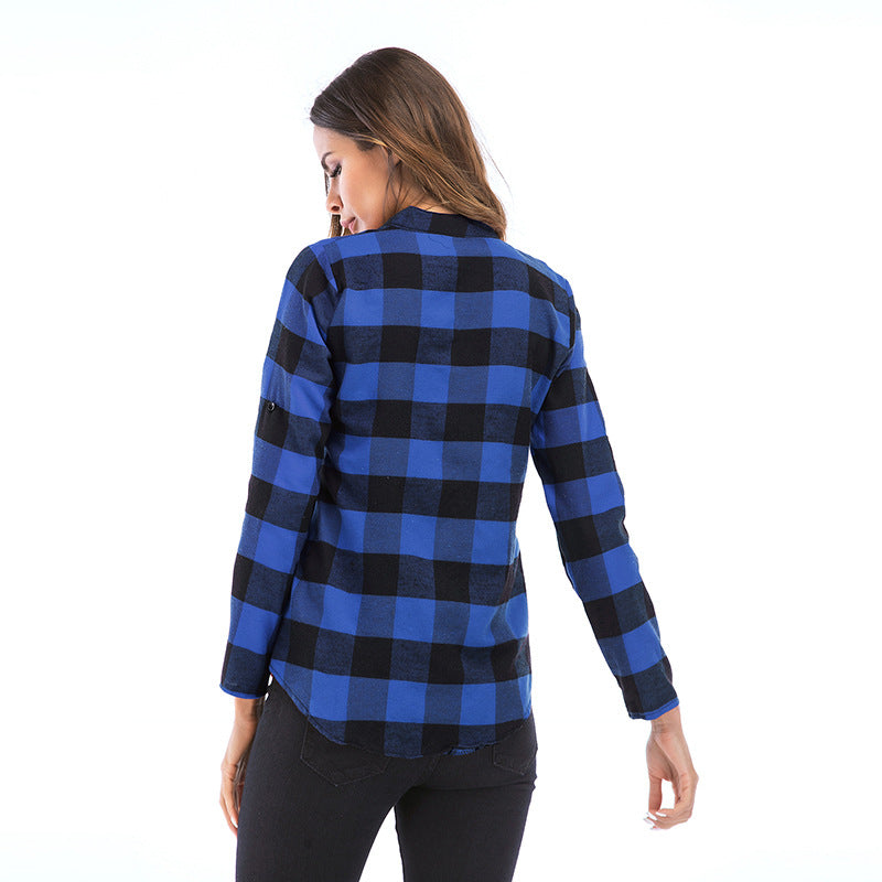 Womens Autumn and Winter Casual Loose Long-sleeved Plaid Shirt Image 8