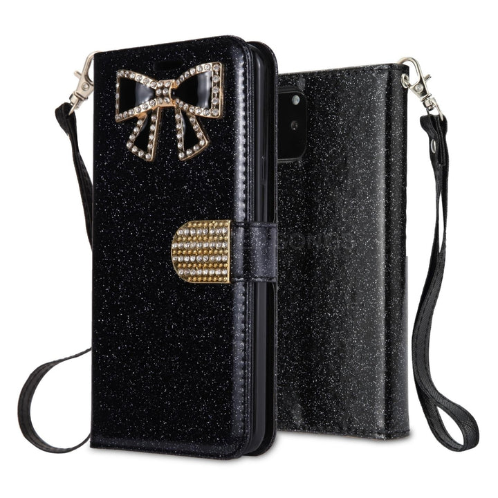 For Apple iPhone 11 Pro Max Diamond Bow Glitter Leather Wallet Case Cover Black Image 1