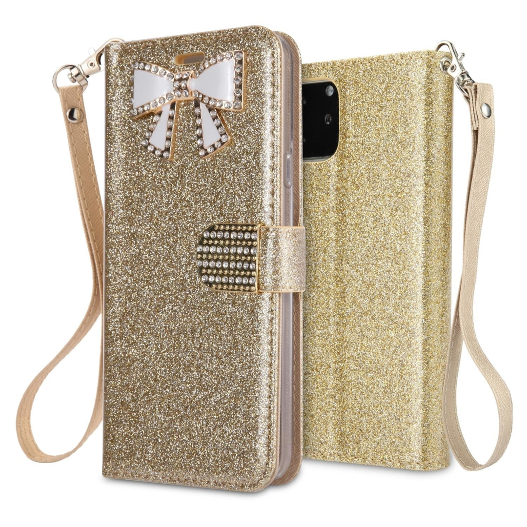 For Apple iPhone 11 Pro Diamond Bow Glitter Leather Wallet Case Cover Black Image 3