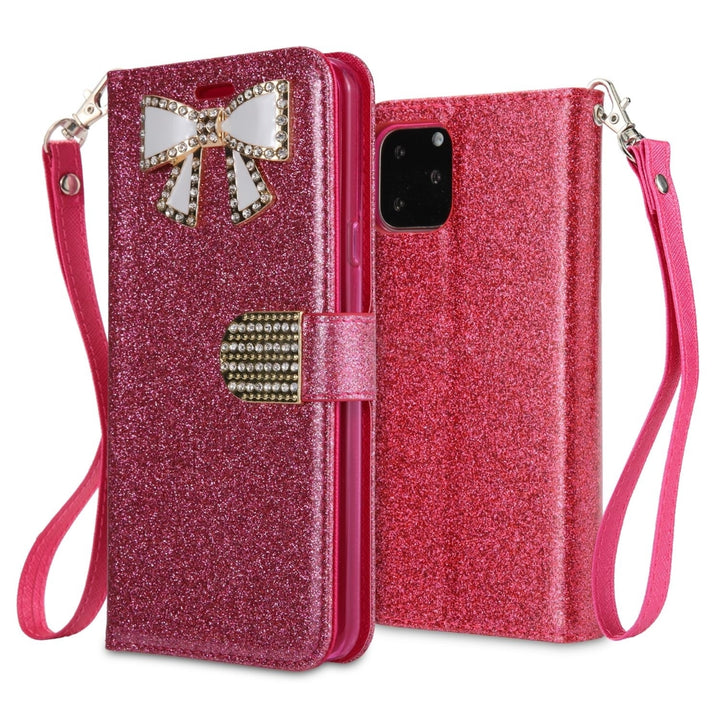 For Apple iPhone 11 Pro Max Diamond Bow Glitter Leather Wallet Case Cover Black Image 1