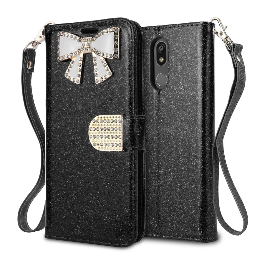 For LG K40 / XT420 / K12 PLUS / X4 Diamond Bow Glitter Leather Wallet Case Cover Black Image 1