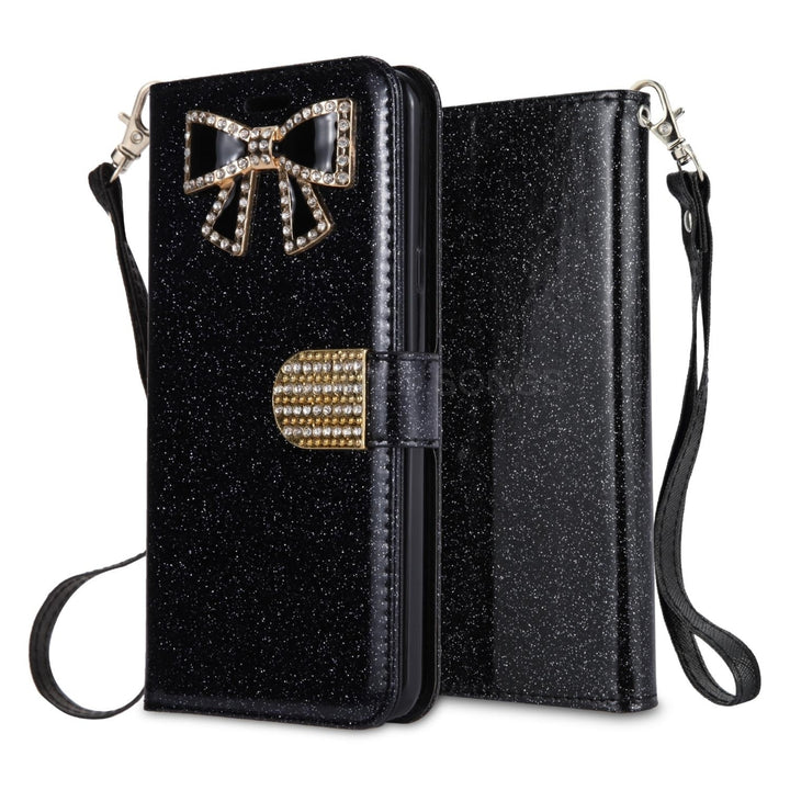 For Samsung Galaxy S20 Ultra Diamond Bow Glitter Leather Wallet Case Cover Black Image 1
