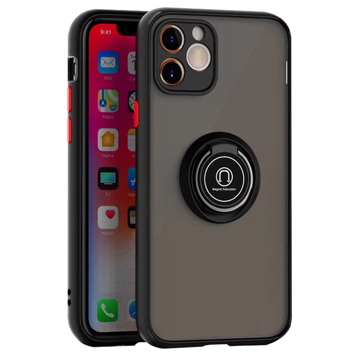 For Apple iPhone 11 Transparent Slim Matte Colored Frame Shockproof Hybrid Ring Stand Magnet Car Mount Case Cover Black Image 1