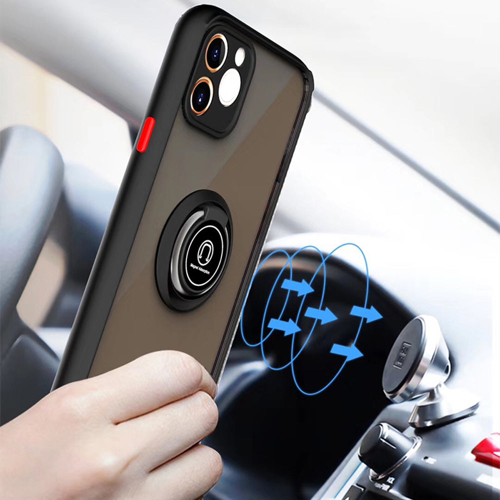 For Apple iPhone 11 Transparent Slim Matte Colored Frame Shockproof Hybrid Ring Stand Magnet Car Mount Case Cover Black Image 3