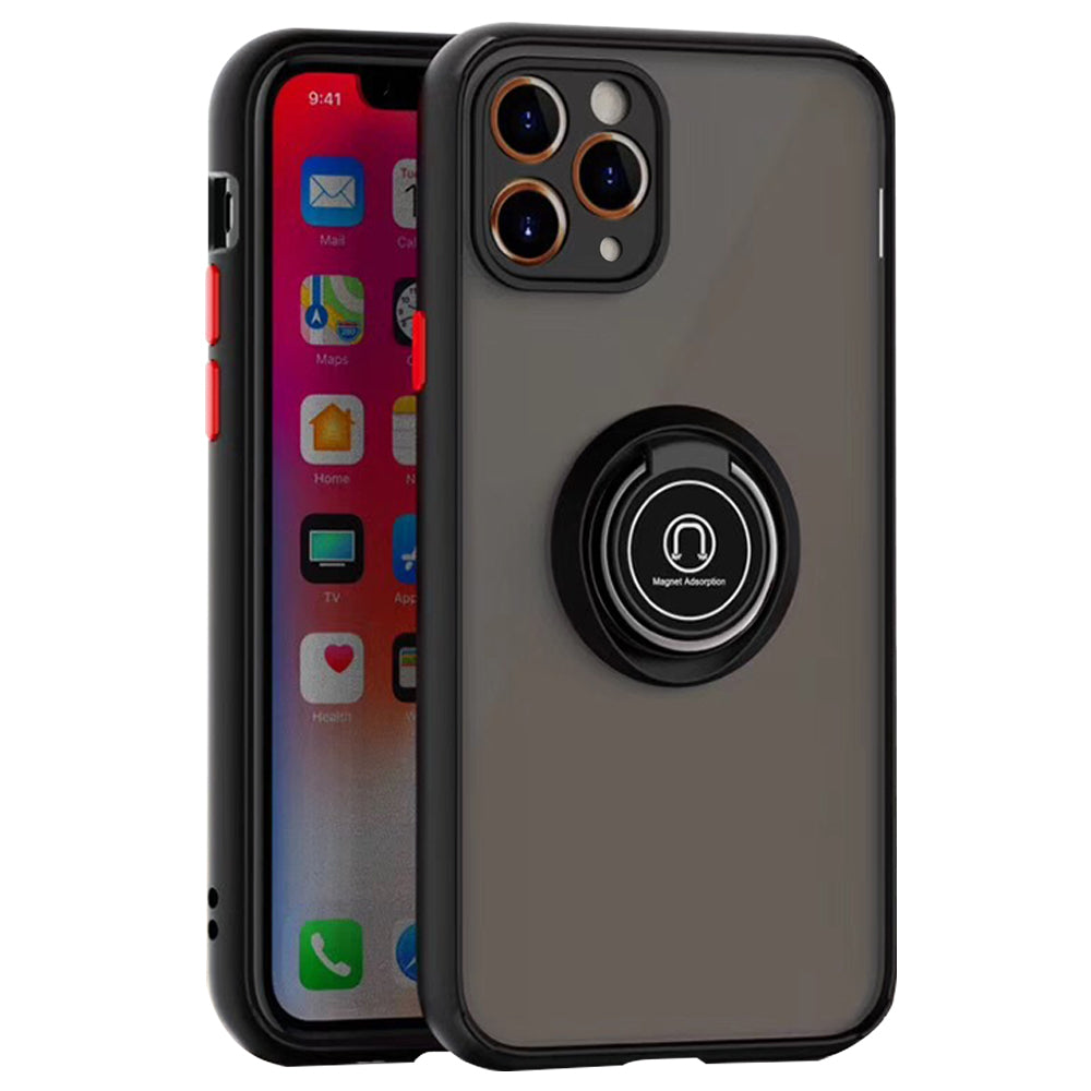 For Apple iPhone 11 Pro Max Transparent Slim Matte Colored Frame Shockproof Hybrid Ring Stand Magnet Car Mount Case Image 1