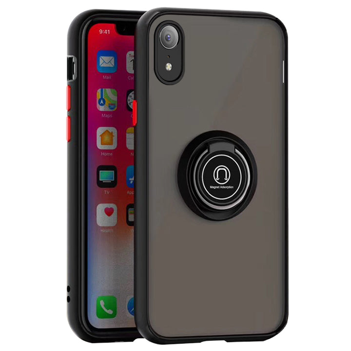 For Apple iPhone XR Transparent Slim Matte Colored Frame Shockproof Hybrid Ring Stand Magnet Car Mount Case Cover Black Image 1