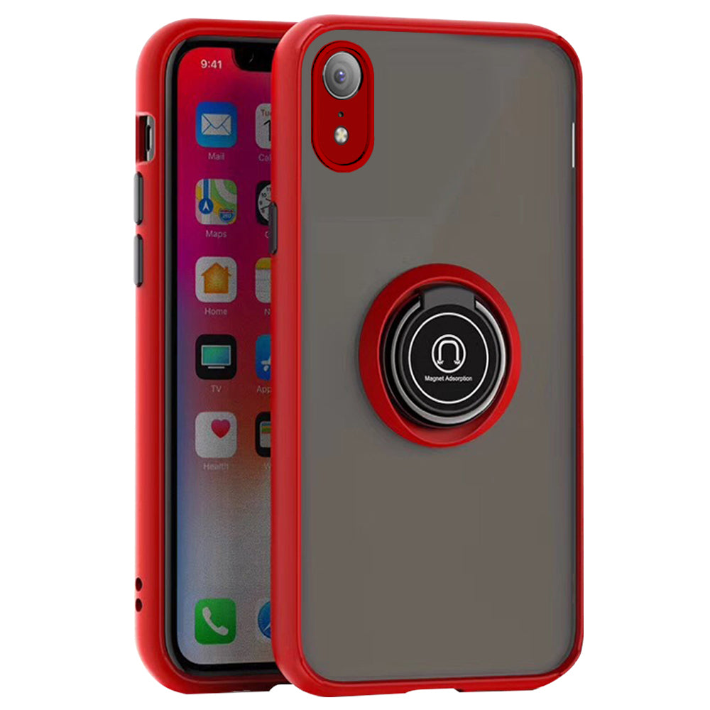 For Apple iPhone XR Transparent Slim Matte Colored Frame Shockproof Hybrid Ring Stand Magnet Car Mount Case Cover Black Image 7