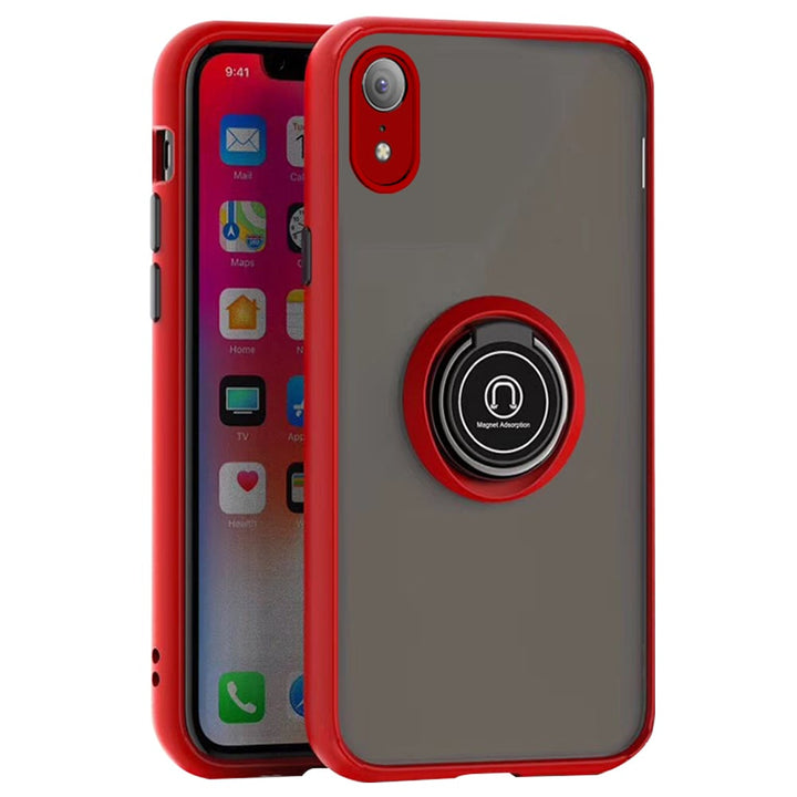 For Apple iPhone XR Transparent Slim Matte Colored Frame Shockproof Hybrid Ring Stand Magnet Car Mount Case Cover Black Image 1