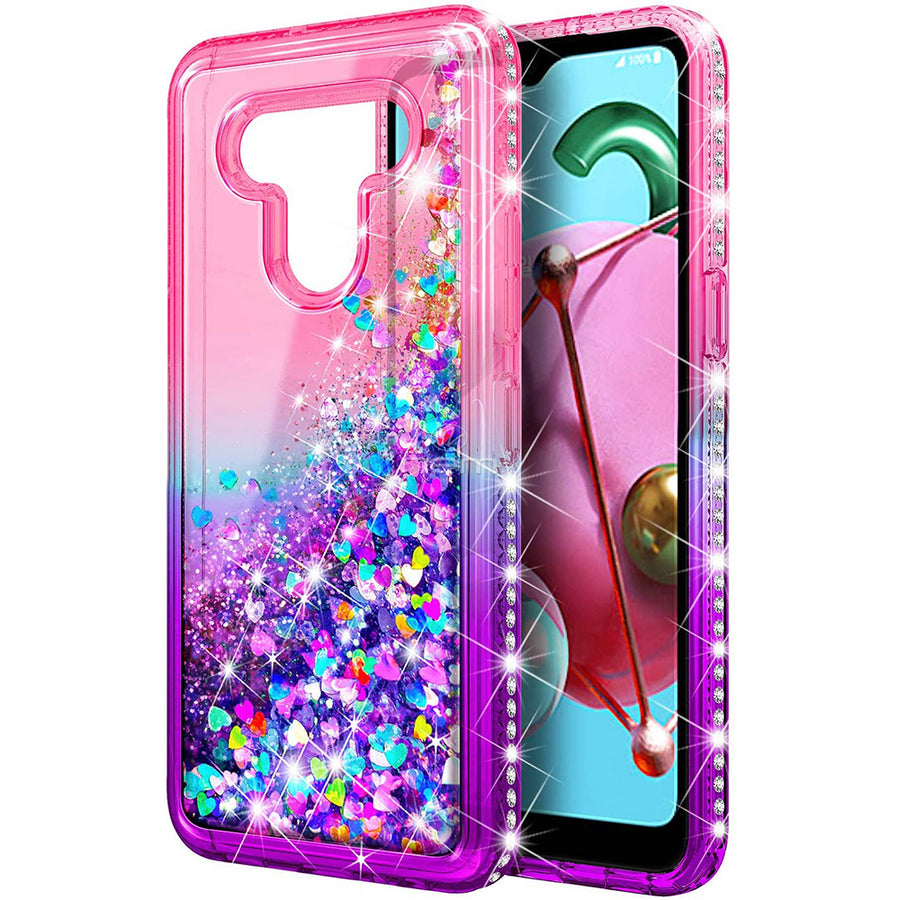 For LG Stylo 6 / LMQ730 Sparkling Glitter Liquid Floating Hearts Stars With Diamonds Case Cover Pink/Purple Image 1