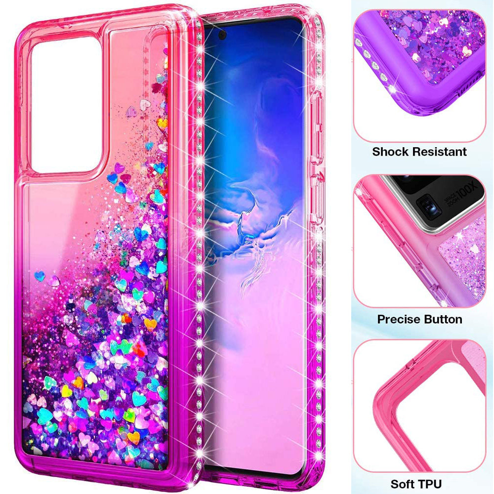 Samsung Galaxy S20 Plus Glitter Liquid Case Pink Purple Hearts Diamonds Bling Image 2