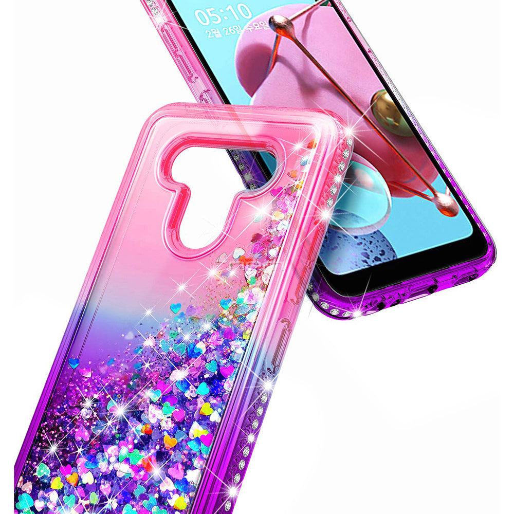 For LG Stylo 6 / LMQ730 Sparkling Glitter Liquid Floating Hearts Stars With Diamonds Case Cover Pink/Purple Image 2