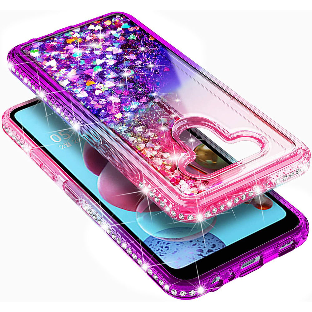 For LG Stylo 6 / LMQ730 Sparkling Glitter Liquid Floating Hearts Stars With Diamonds Case Cover Pink/Purple Image 3