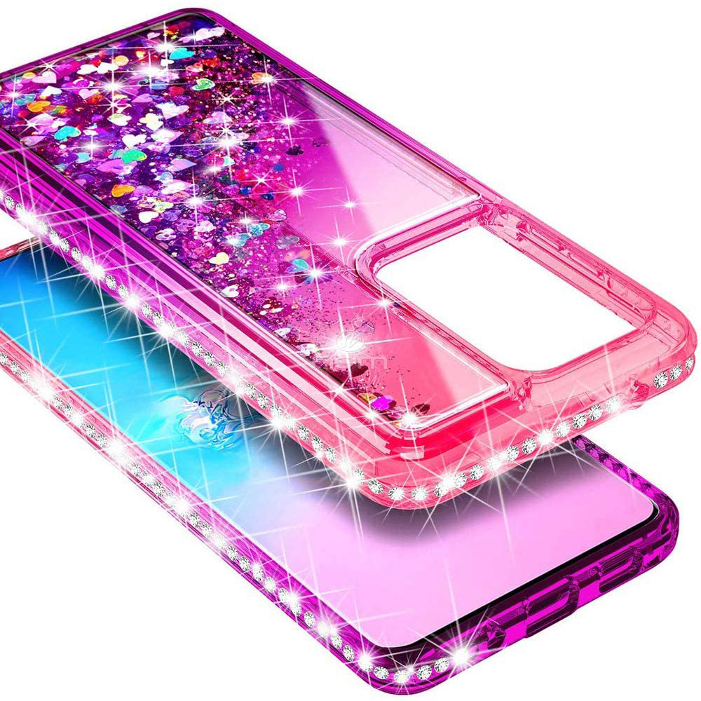 Samsung Galaxy S20 Plus Glitter Liquid Case Pink Purple Hearts Diamonds Bling Image 4